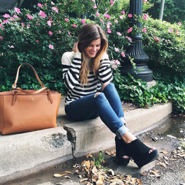 @brightonkeller instagram photo ootd wearing striped sweater, jeans and wedges