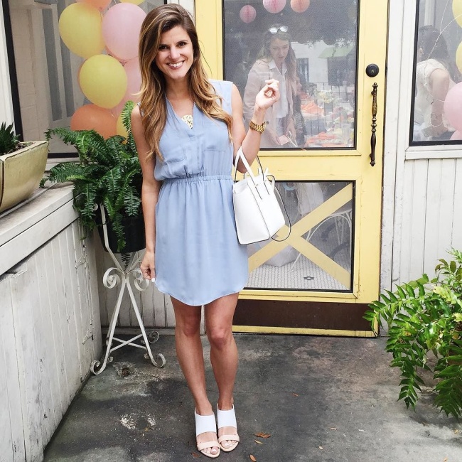 @brightonkeller wearing light blue tunic dress and dee keller wedges at sissy's southern kitchen
