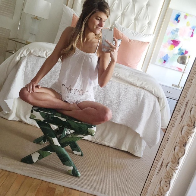 brightontheday mirror selfie wearing white eyelet shorts set pajamas