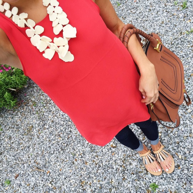 @brightonkeller' ootd wearing high-neck poppy red shirt with baublebar statement necklace and fringe sandals