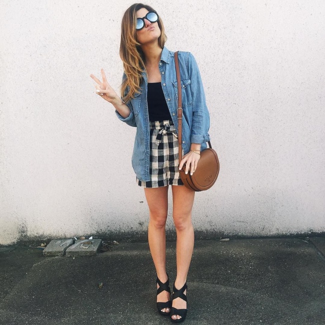 brighton the day wearing topshop gingham high-waisted shorts with black tank and chambray as a sweater unbuttoned