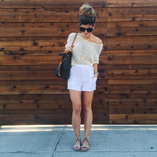 Neutral on neutral tone spring outfit featuring white shorts + cream sweater 