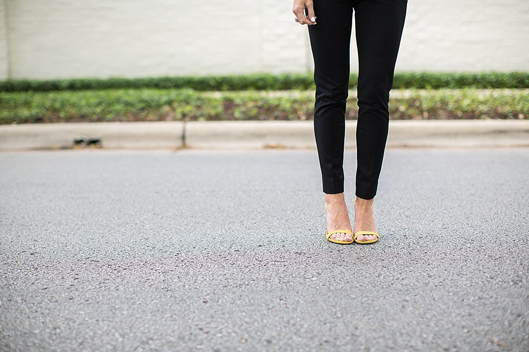 brighton the day wearing Banana Republic Holland Heels in Yellow + New Sloan-Fit Slim Ankle Pant