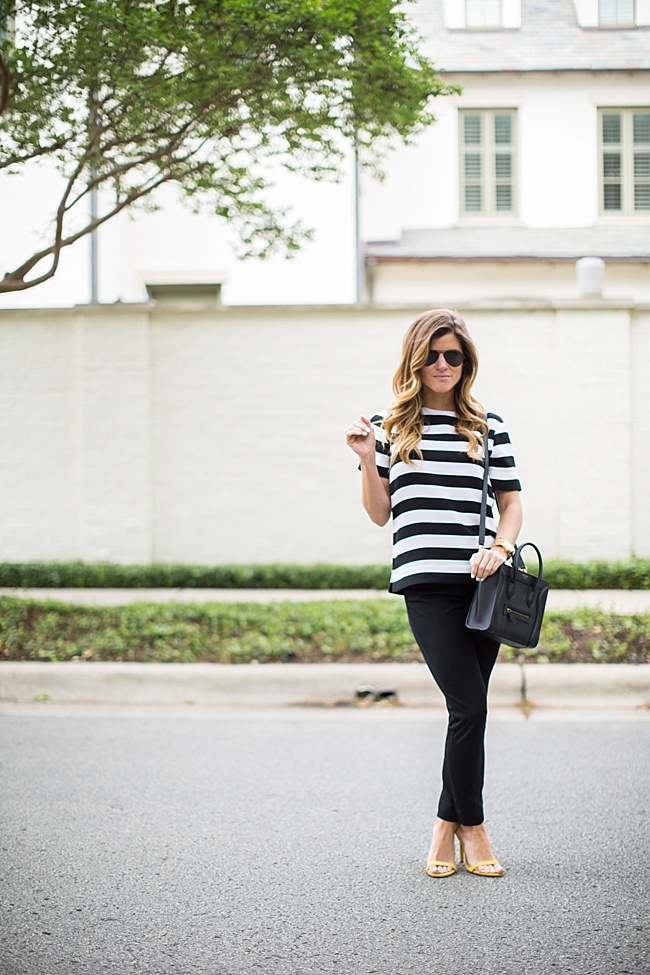 brightontheday wearing Banana Republic Rugby Stripe Crepe Top and new sloan fit slim ankle pant business casual attire