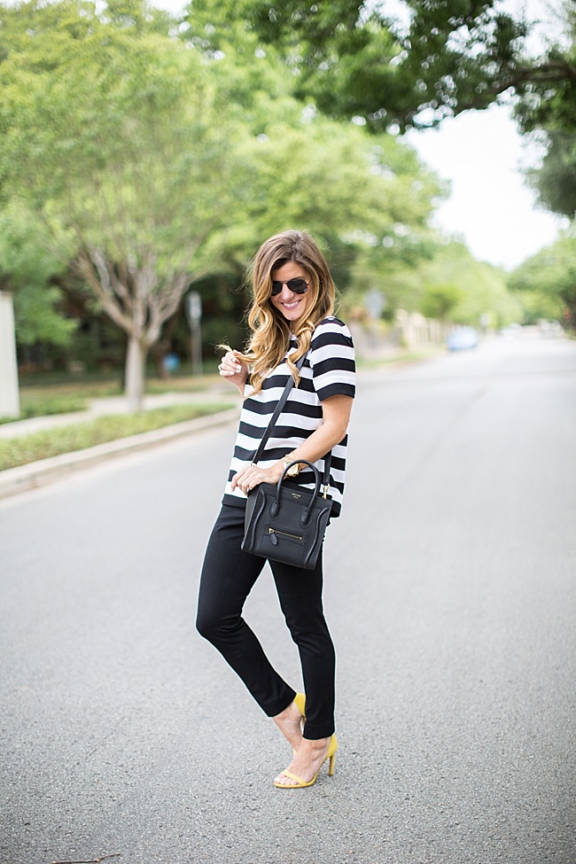 brighton the day wearing Banana Republic Rugby Stripe Crepe Top and new sloan fit black pants with yellow strappy sandals for business casual spring outfit