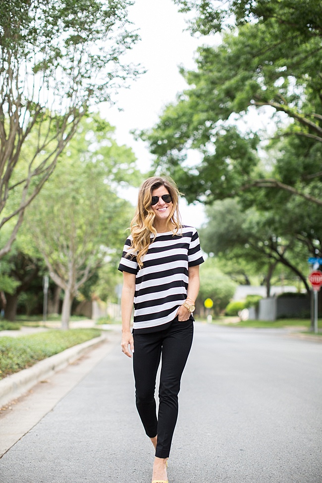 brightontheday wearing Banana Republic Rugby Stripe Crepe Top and new sloan fit slim ankle pants business casual outfit