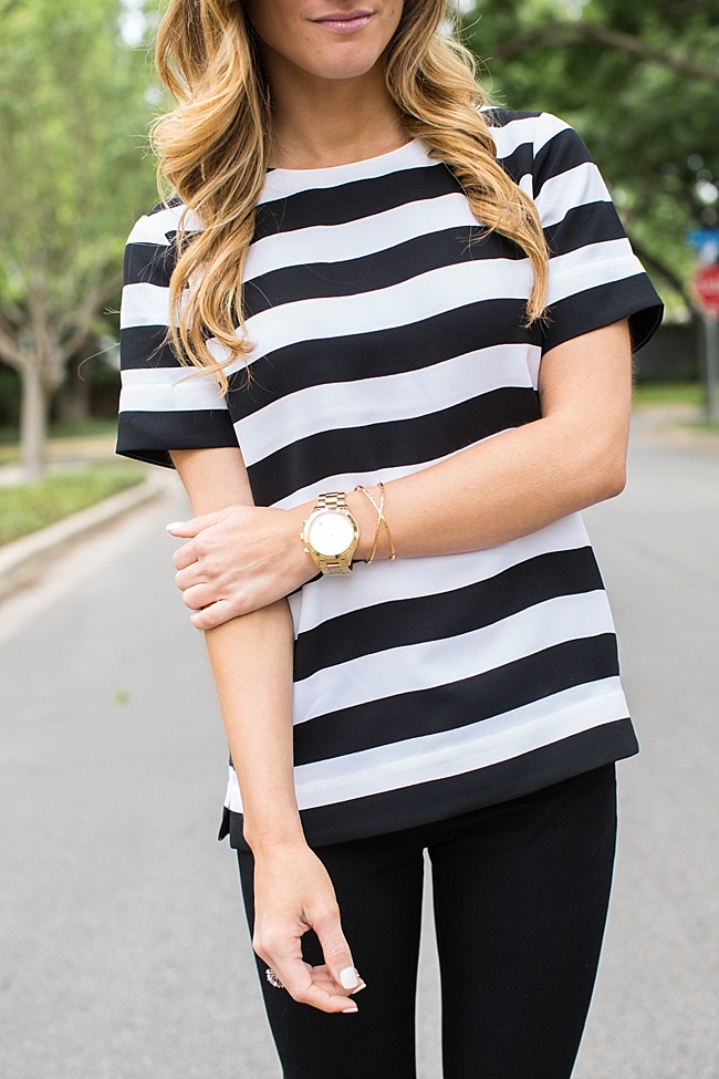 brightontheday wearing Banana Republic Rugby Stripe Crepe Top and black pants with nude lipstick
