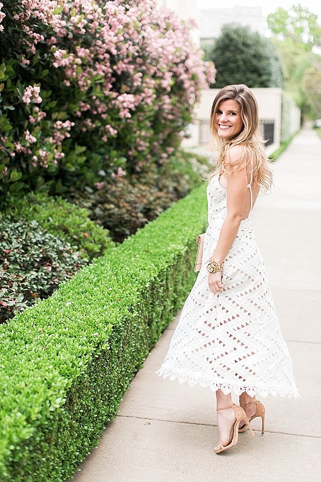 Brighton the day wearing white eyelet dress with low back spring date night outfit 20