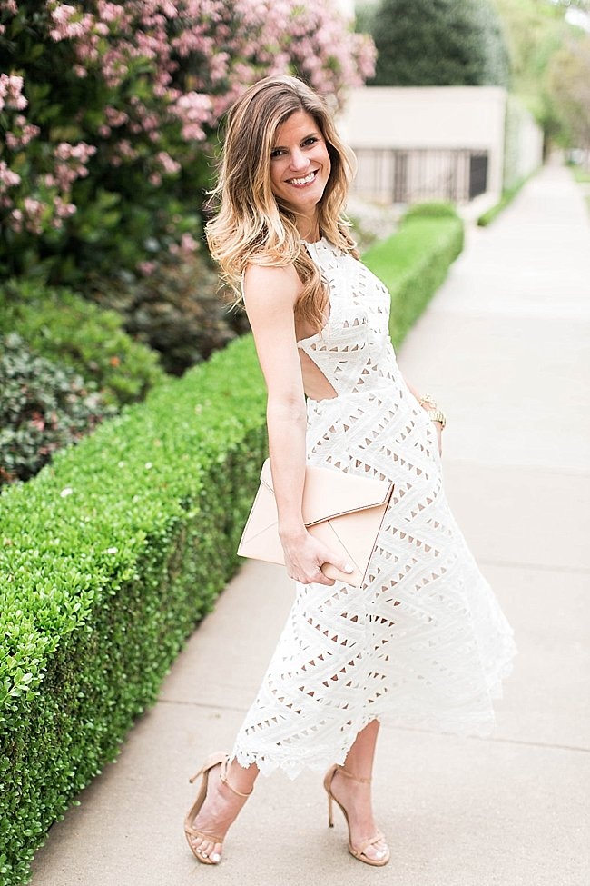 Brighton the day wearing white eyelet dress with low back spring date night outfit 22