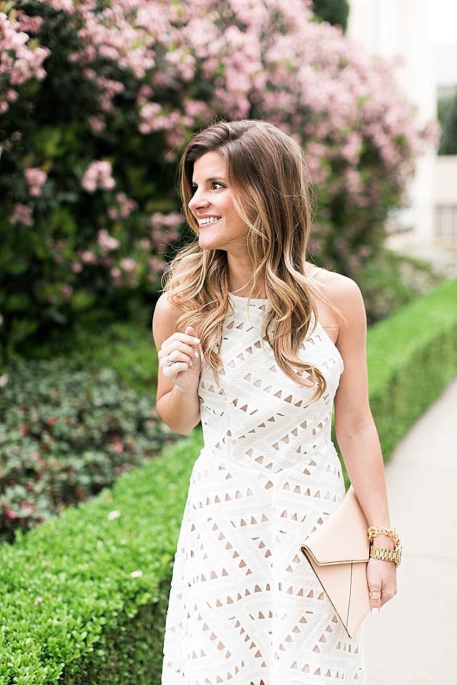 Brighton the day wearing white eyelet dress with low back spring date night outfit 4