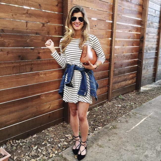 @brightonkeller instagram photo featuring #ootd with striped long sleeve swing dress and denim jacket tied around waist