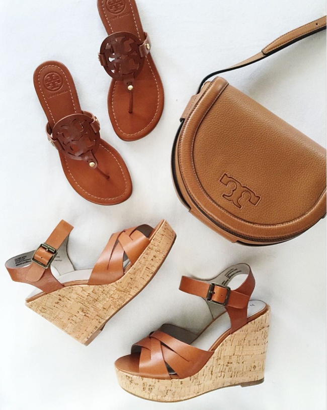 @brightonkeller instagram post featuring favorite cognac accessories including tory burch sandals, cork wedges, and tory burch cross body