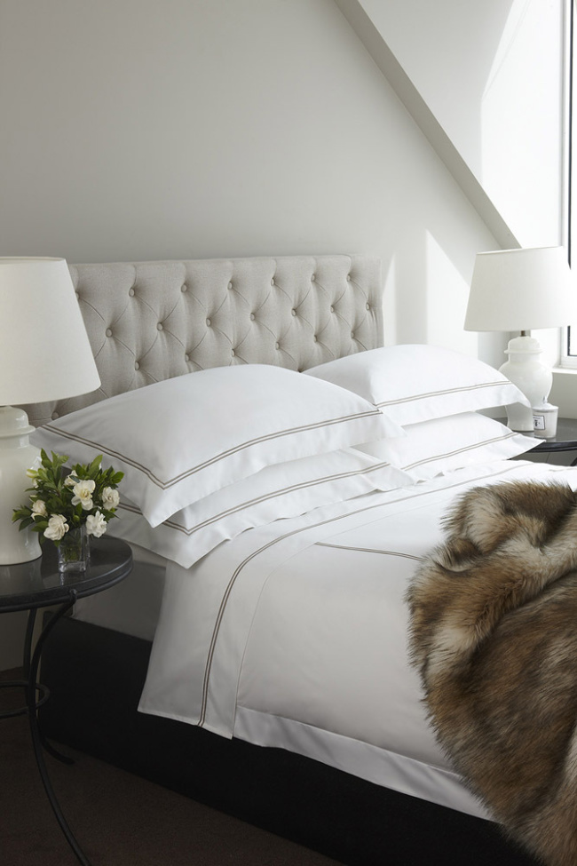 Shades of neutral bed with faux fur throw