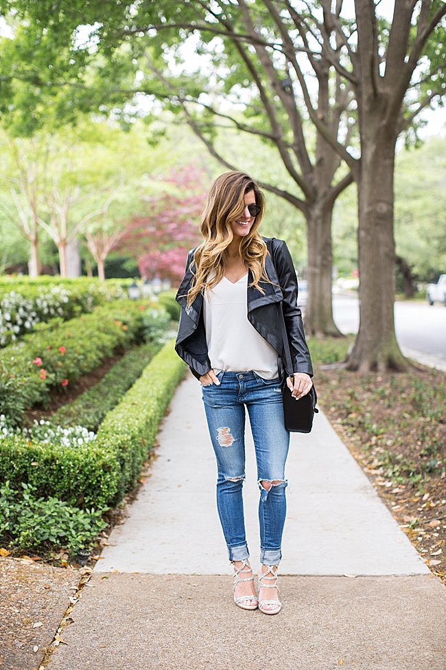 brightontheday wearing Vince Camuto Heels, distressed jeans, white camisole, bb dakota Ariana leather jacket