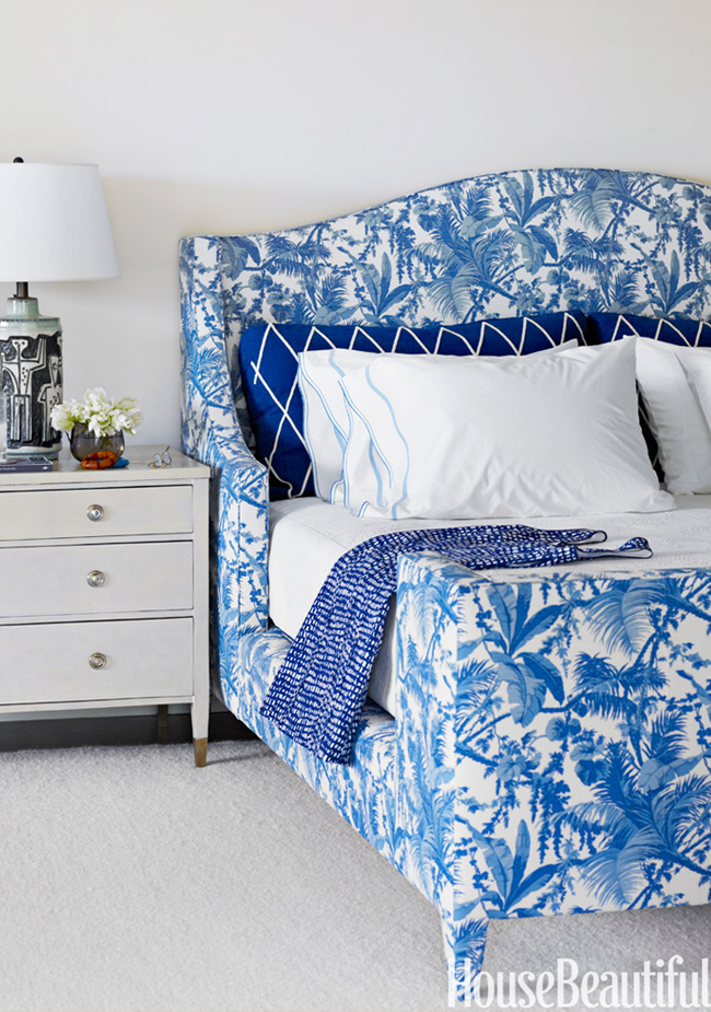 Blue and white print bed