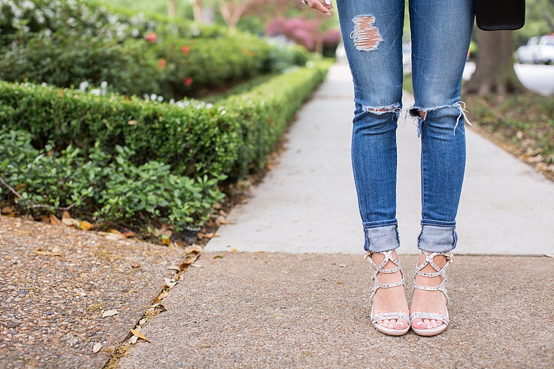 brighton the day wearing Imagine Vince Camuto 'Gem' Embellished Strappy Sandal with distressed jeans