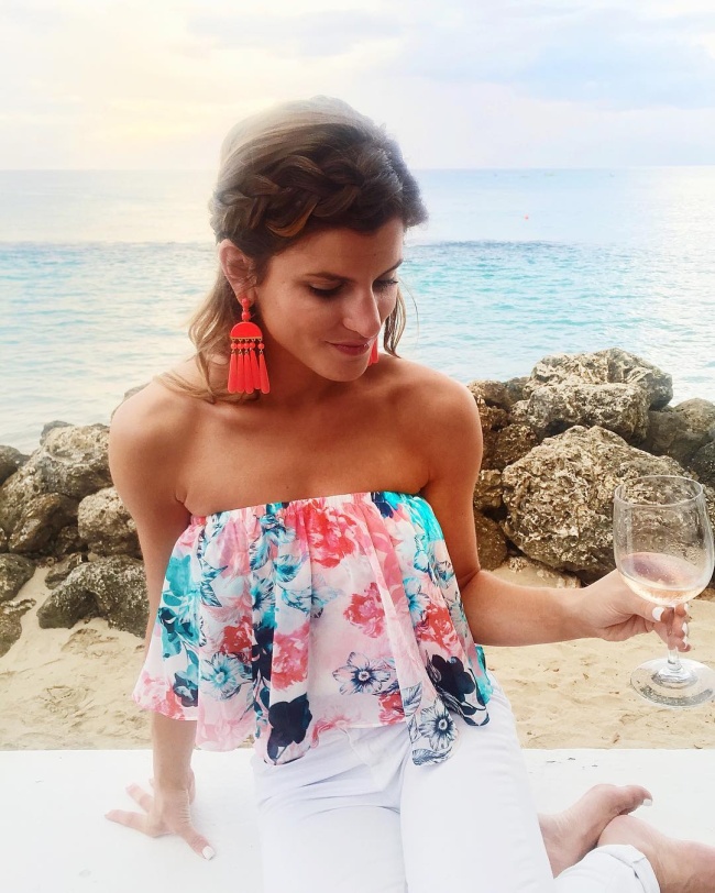 @brightonkeller instagram lovers + friends strapless paradise print top coral statement earrings barbados