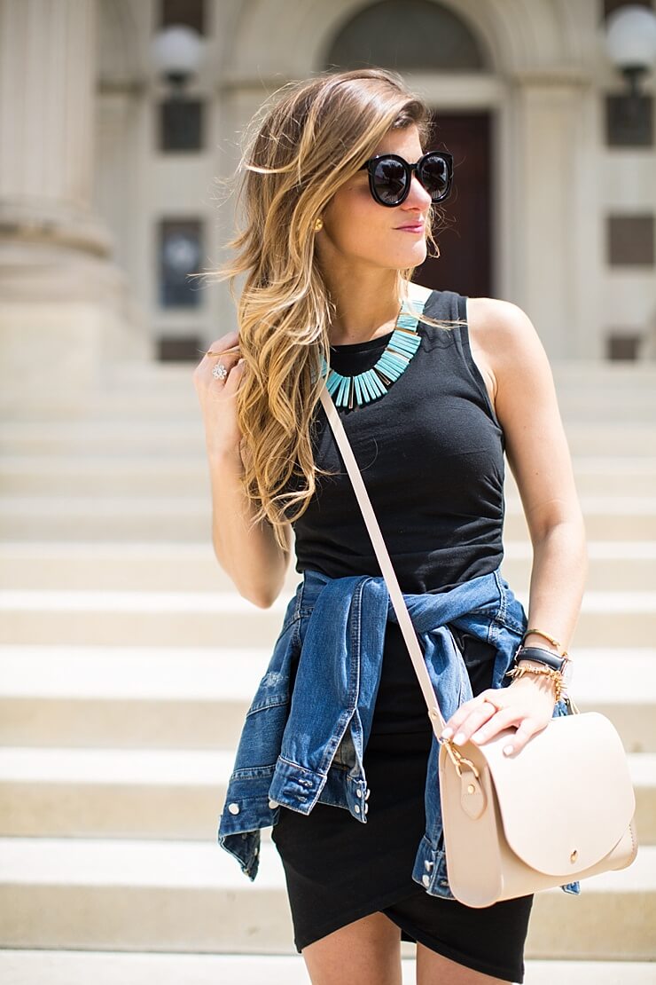 black form fitting tank dress + turquoise necklace + nude bag + jeans jacket 