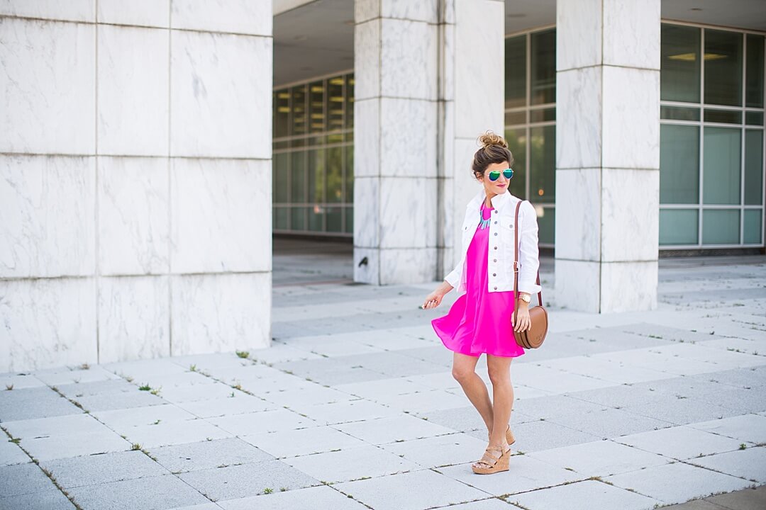 Brighton the day styling pink everly dress and white denim jacket