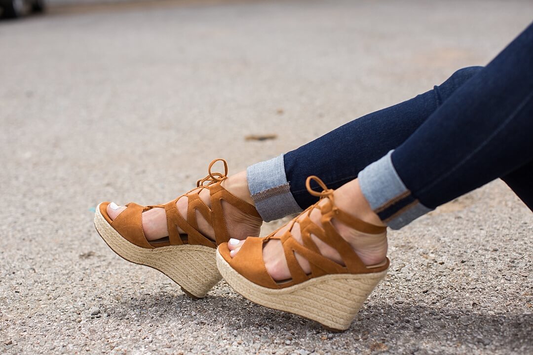 cognac lace up wedges + rolled skinny jeans 