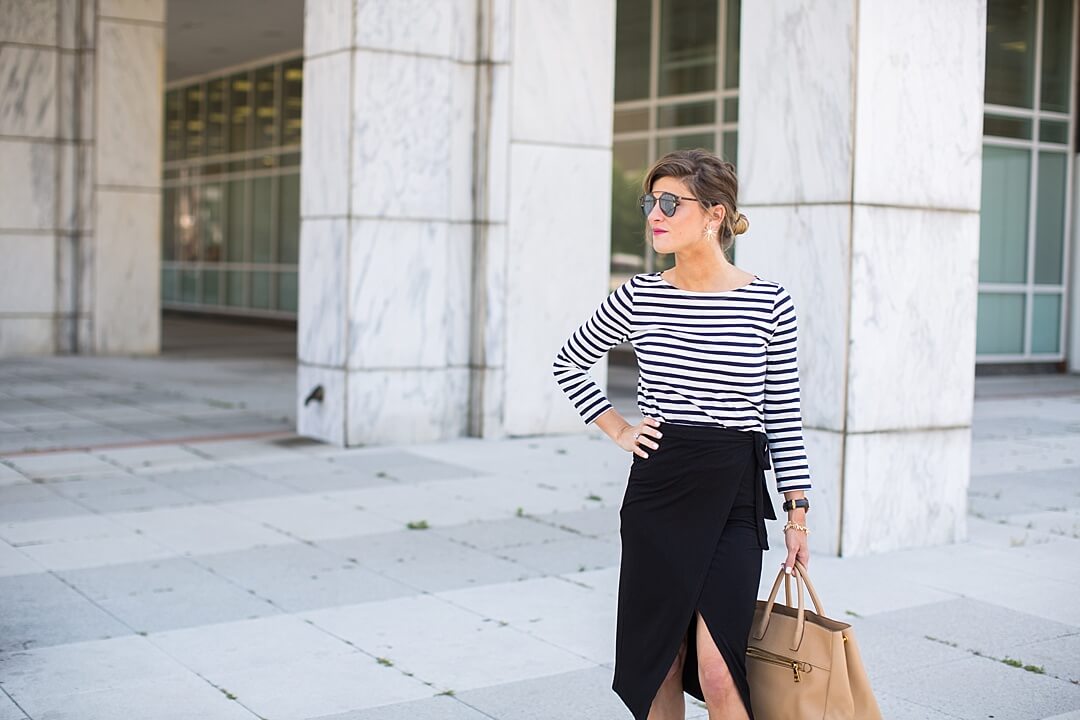striped tee + wrap skirt + dior sunglasses