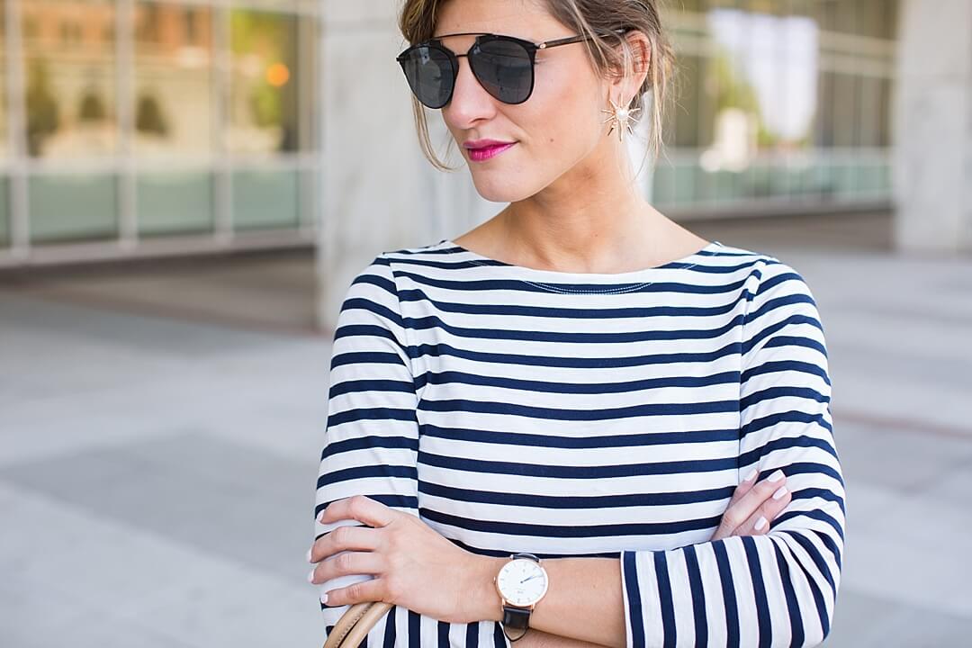 striped boatneck shirt + daniel wellington watch + dior sunglasses