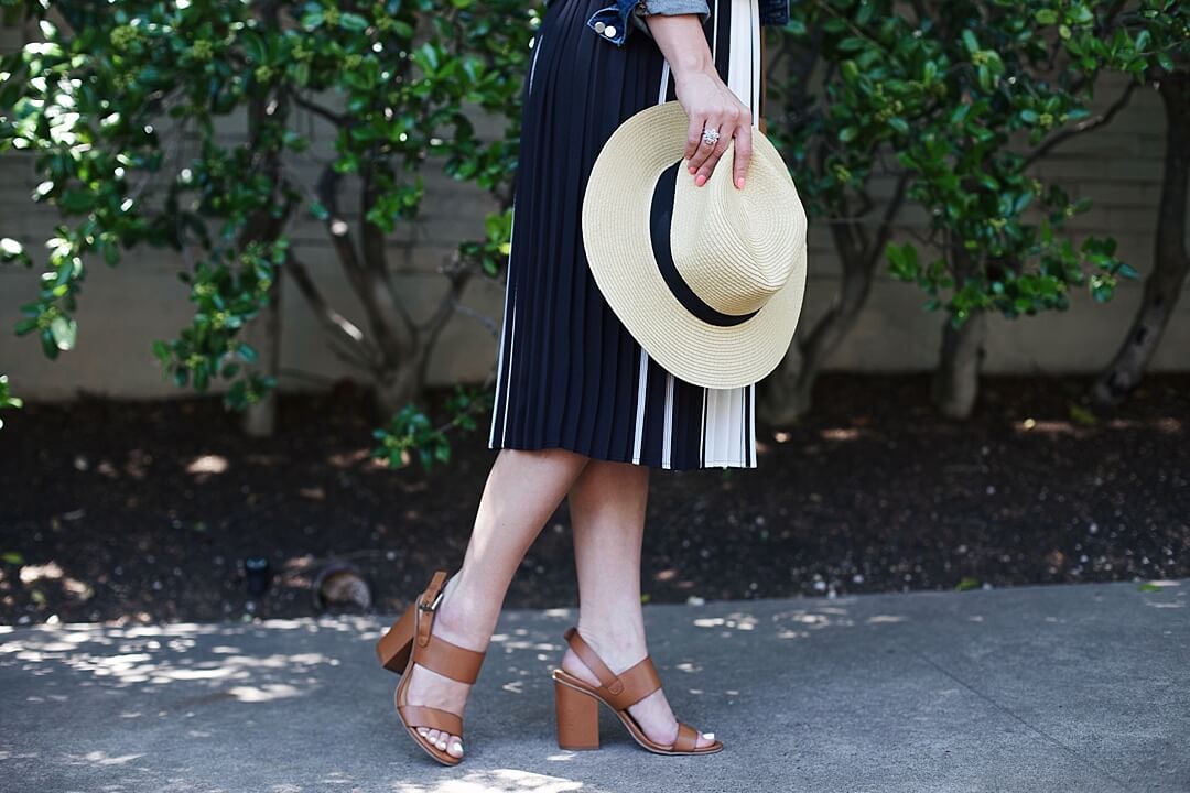 block heel sandals + midi skirt + straw hat 