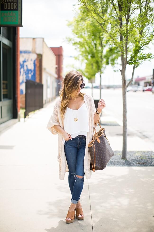 white camisole + cream cardigan + distressed jeans + neverfull tote