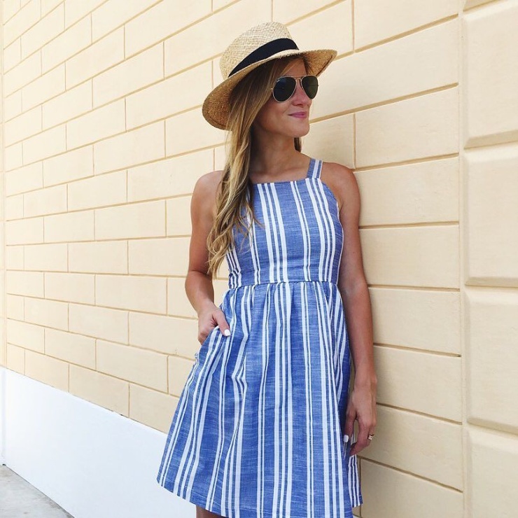 striped fit and flare dress + boater hat