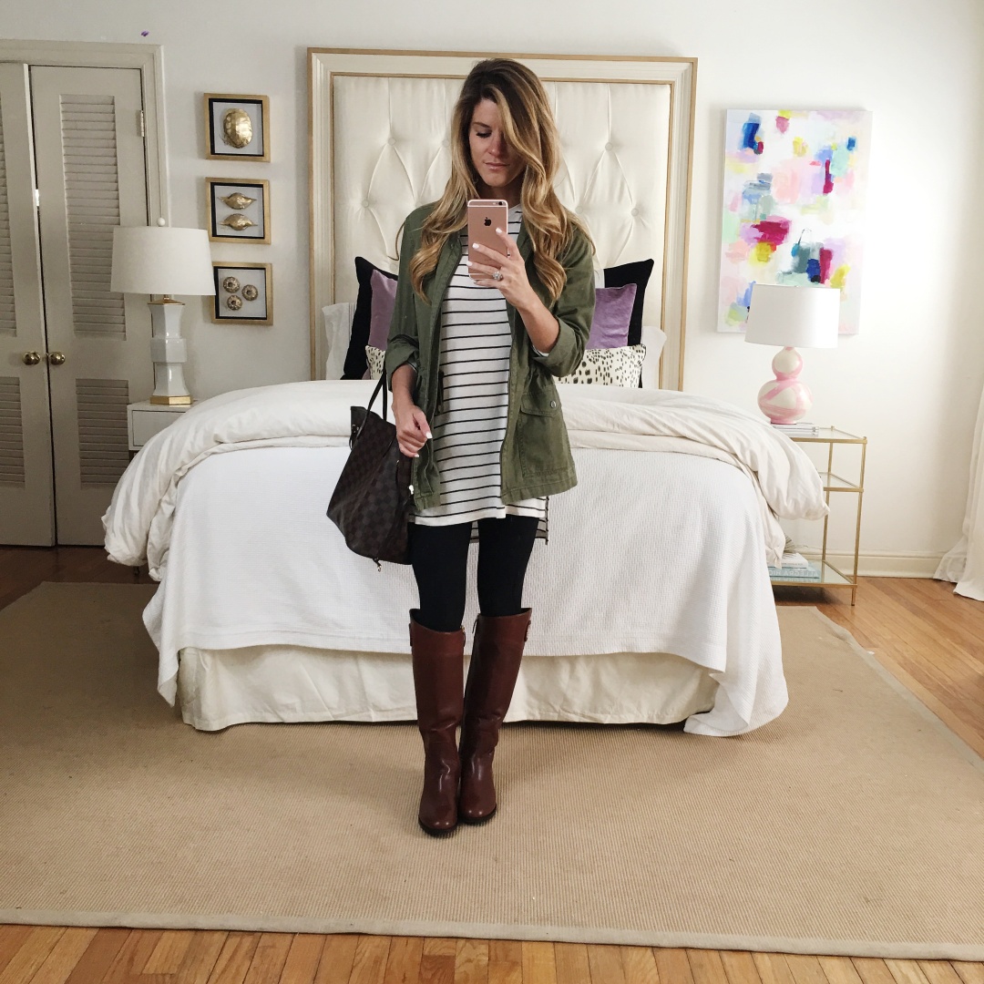 cargo jacket + skinny jeans + riding boots + striped tee