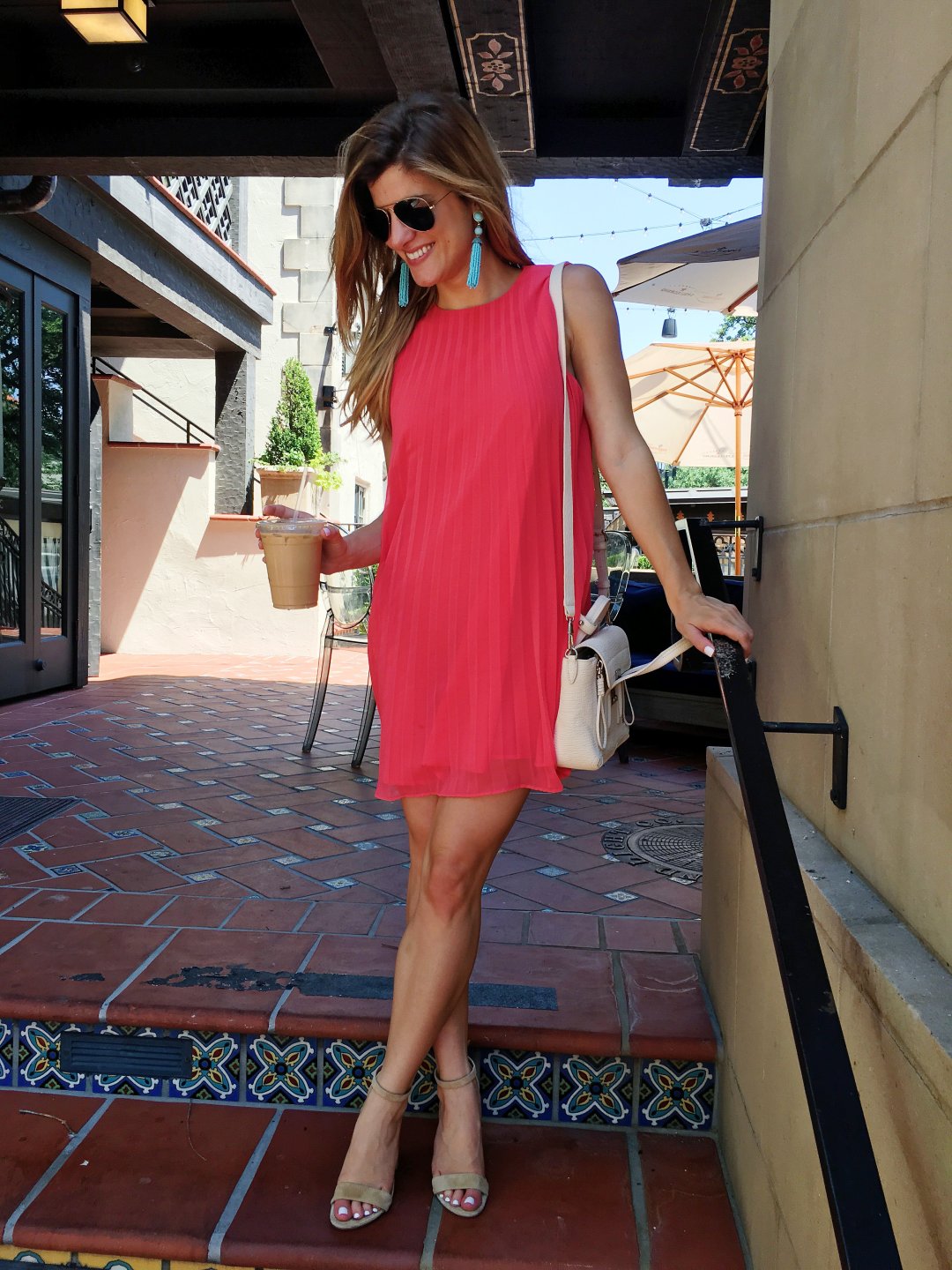 coral pleated dress