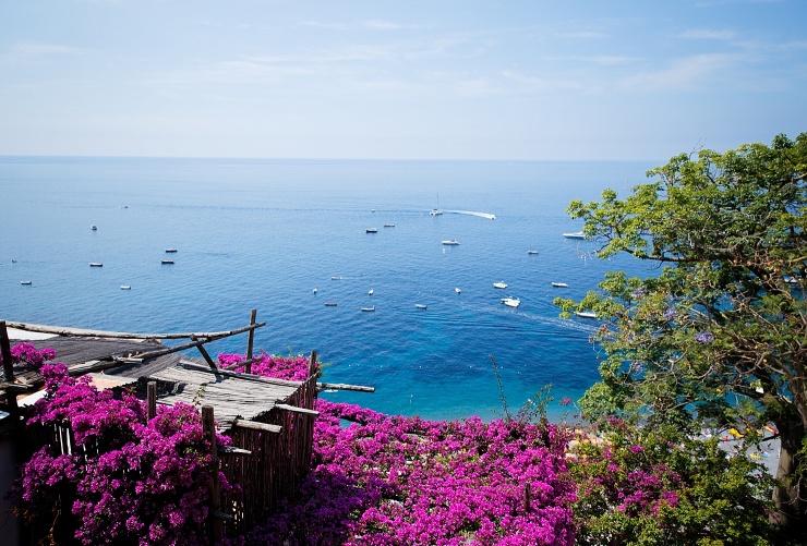 positano view with ocean and flowers