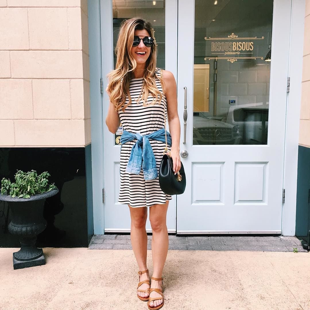 striped swing dress + chambray shirt