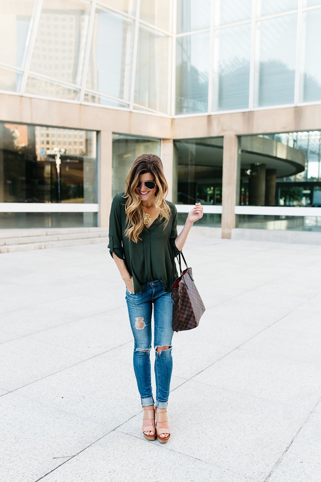 olive green tunic + aviators + monogram necklace + distressed jeans 