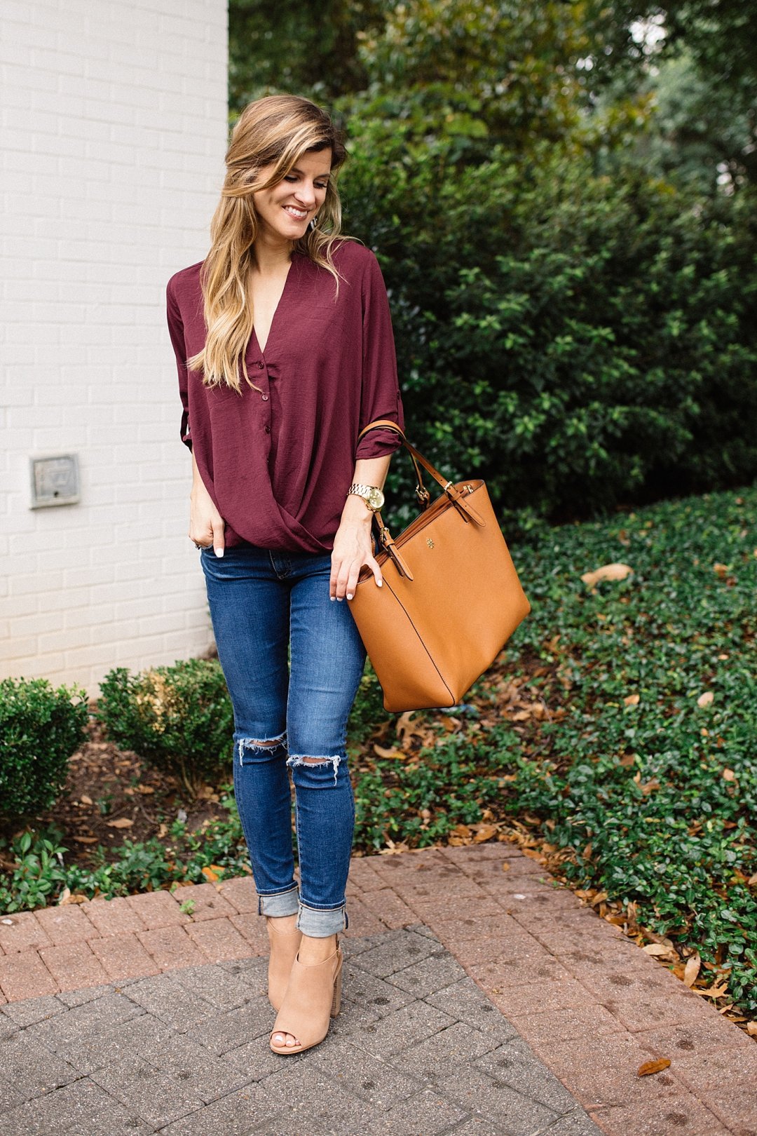 transitional outfit featuring peep toe booties and distressed jeans 