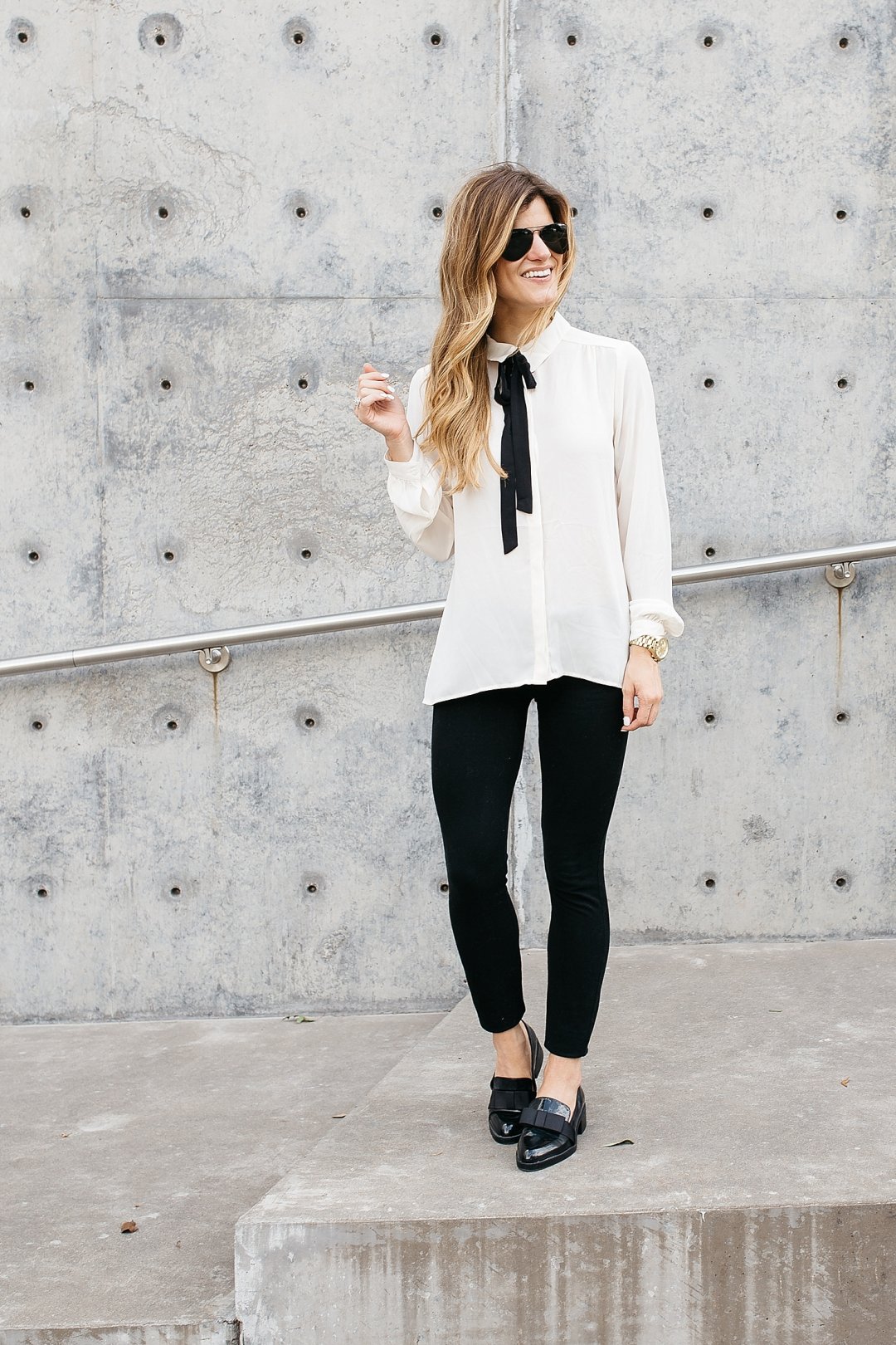 business casual outfit, what to wear to work, fall work outfit idea, office wear, work wear, outfit loafers, pussy bow blouse, summer work outfit idea, wear to work, off white blouse, black and white work outfit idea