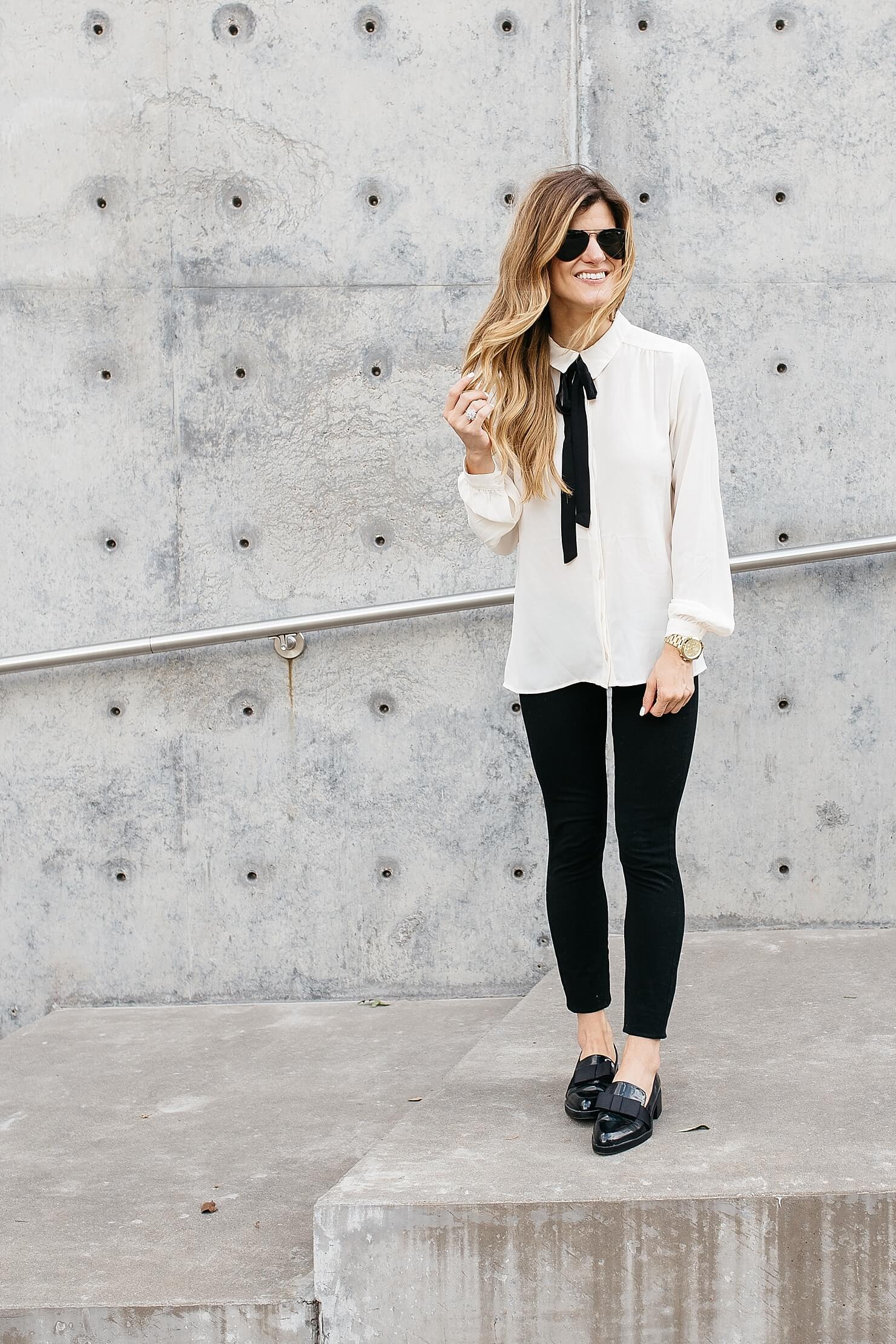 fall business casual outfit  chic black  white look for work