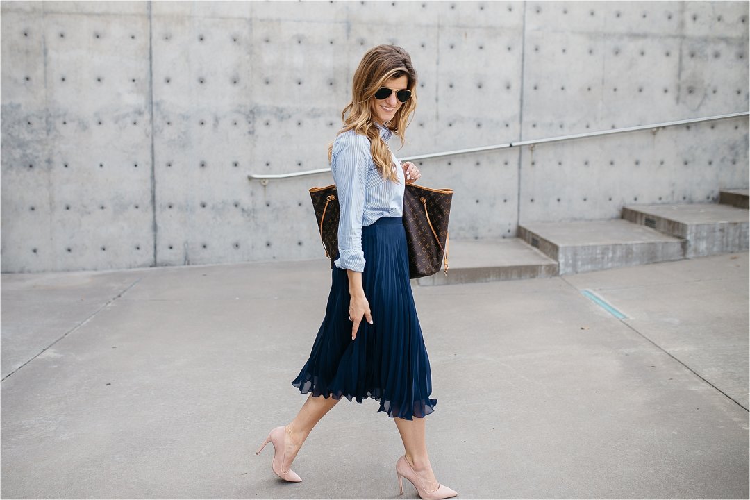 business casual outfit idea pleated midi skirt