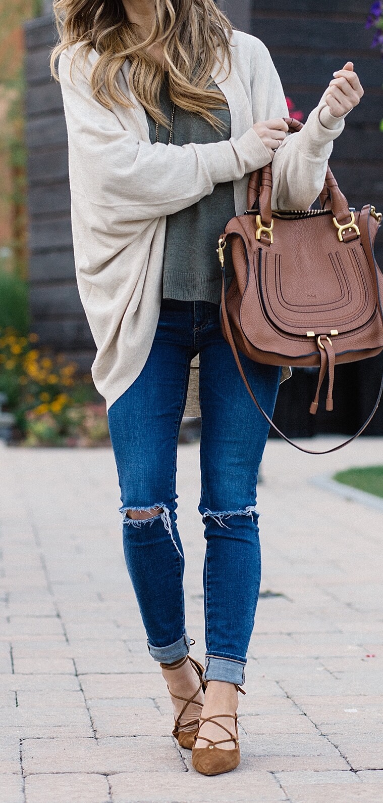 casual fall outfit idea, olive sweater and jeans, distressed jeans rolled up with lace up flats, jeans and flats outfit, pinterest fashion, oversized sweater and skinny jeans outfit, olive green sweater, cognac suede lace up flats