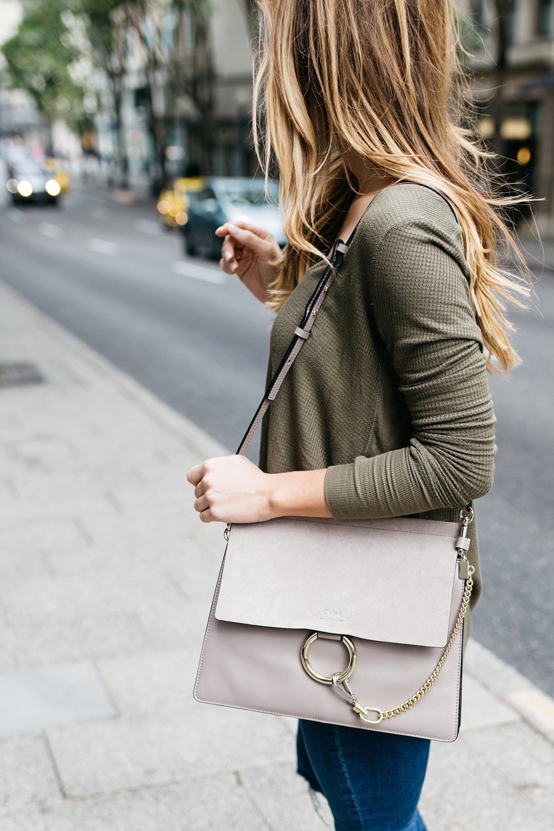 chloe faye bag, free people waffle tee in olive green,, outfit details