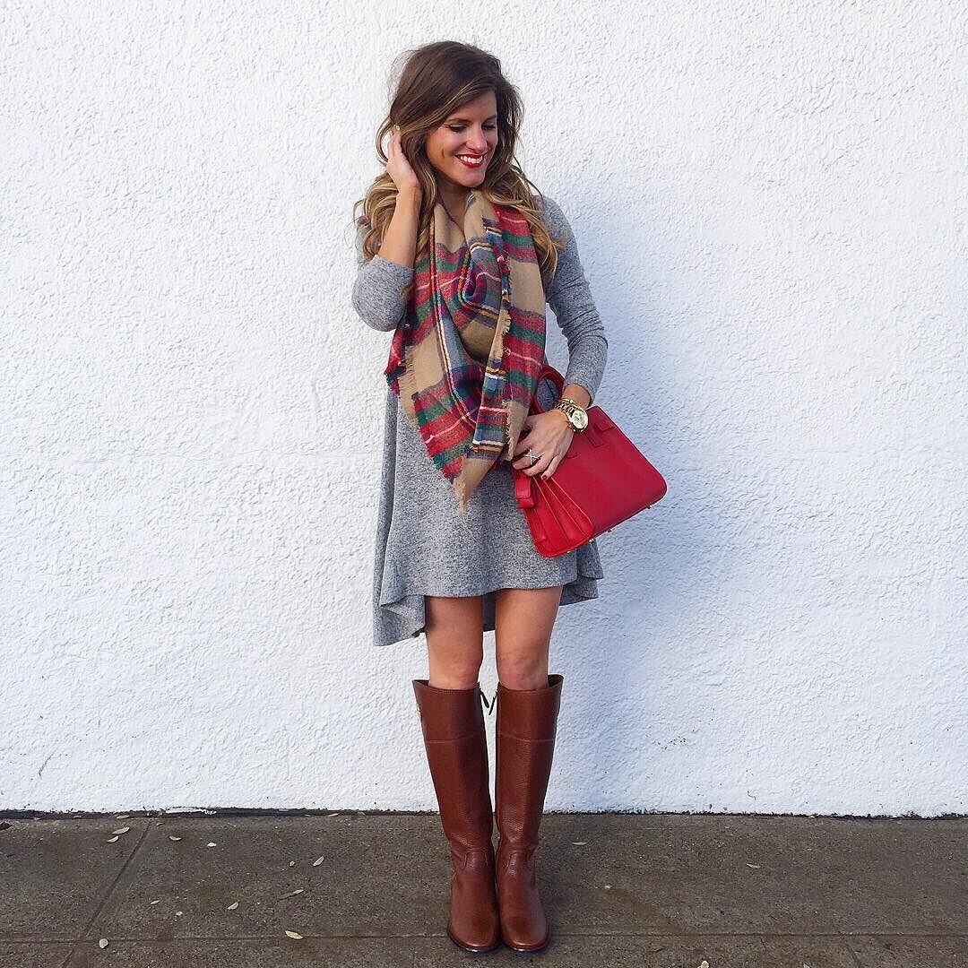 grey swing dress, plaid blanket scarf, red YSL sac du jour crossbody bag, tory burch riding boots, swing dress outfit, cute fall outfit idea, casual fall outfit