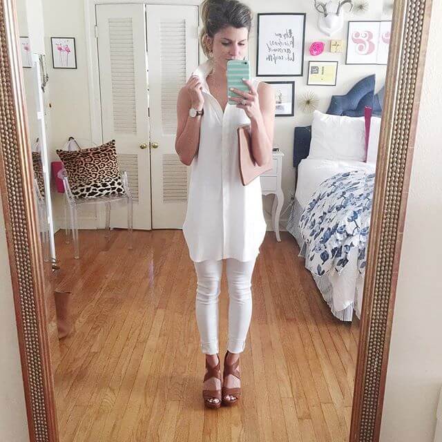 all white outfit with brown wedges