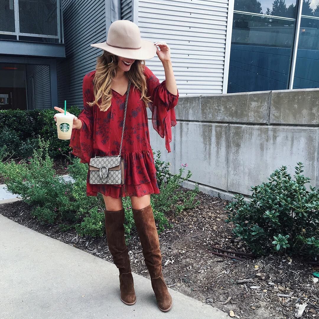 Printed Free People dress, Tall brown boots, Small Gucci crossbody bag