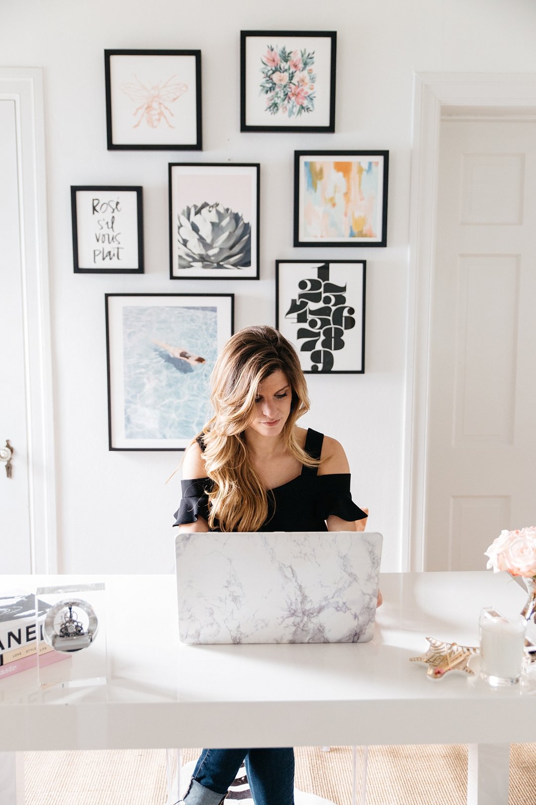 brightontheday home office reveal, minted gallery wall, white lacquer parsons desk, brighton keller office, chic bright and white office, how to organize your life, organization tips and habits to being more productive