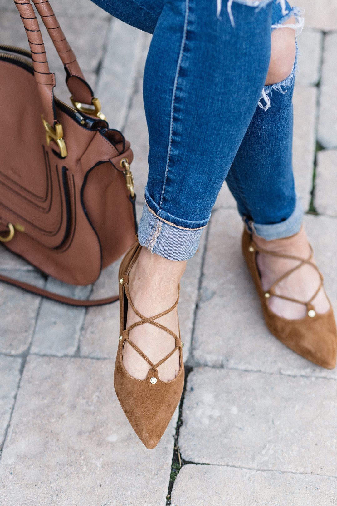 cognac suede lace up flats, comfy fall brown flats, lace up shoe trend, chloe Maurcie bag in tan, distressed jeans rolled up and lace up flats
