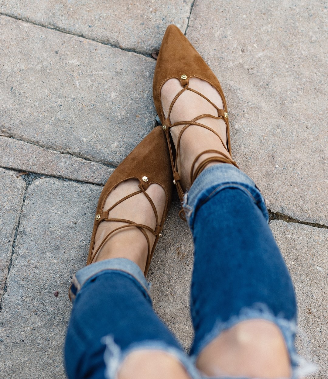 details from brightontheday casual fall outfit - cognac suede lace up flats, comfy fall brown flats, lace up shoe trend, distressed jeans rolled up and lace up flats