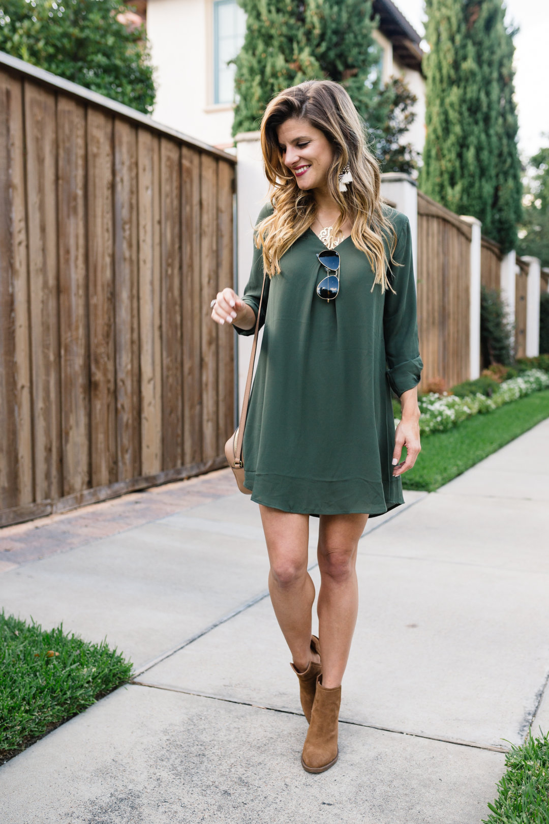 simple fall outfit idea, olive green dress, oversized XL baublebar monogram necklace, brown booties, dress and ankle booties, baublebar statement earrings, transitional fall outfit, olive dress and booties fall outfit