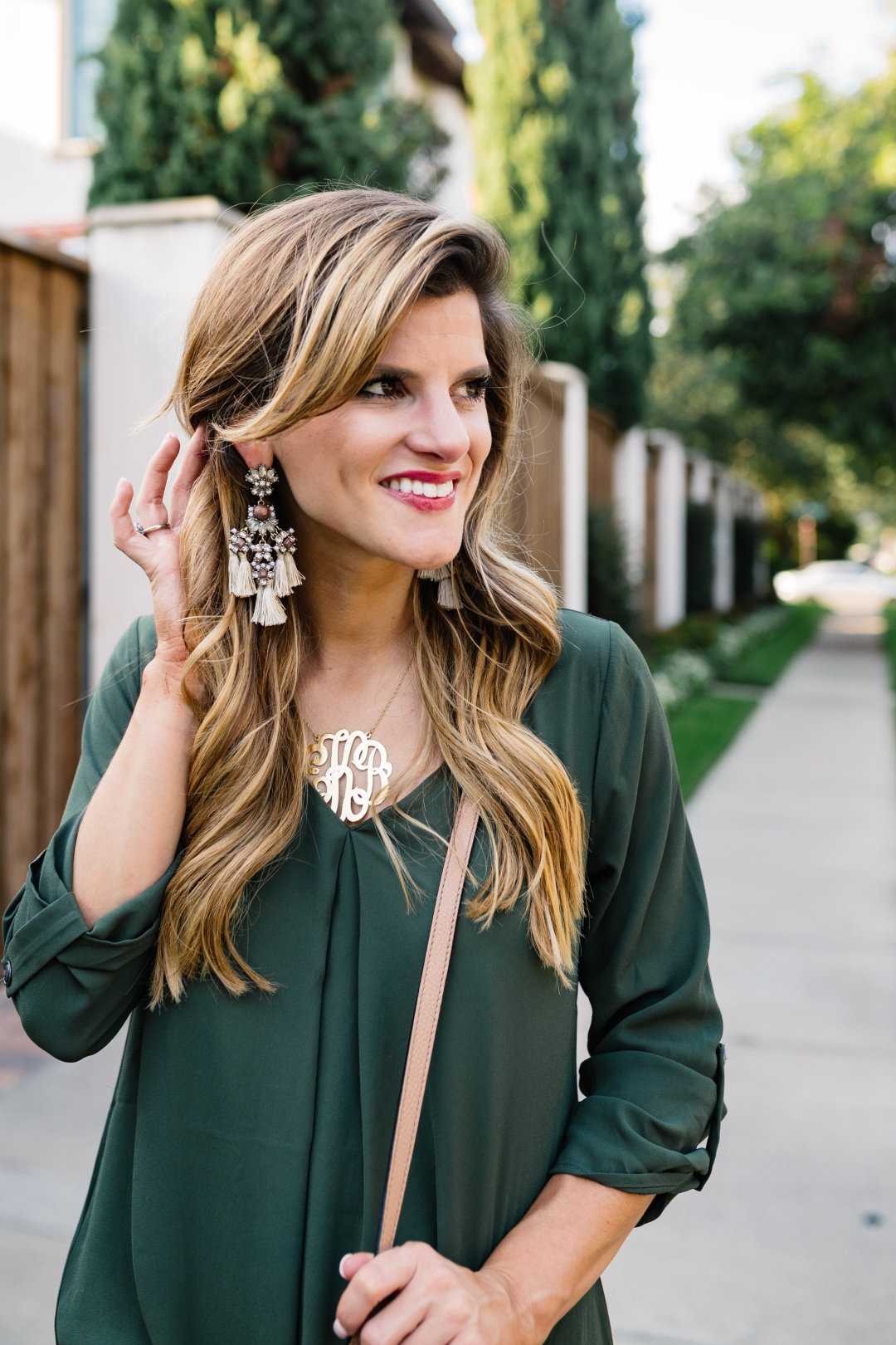 simple fall outfit idea, olive green dress, oversized XL baublebar monogram necklace, brown booties, dress and ankle booties, baublebar statement earrings, transitional fall outfit, olive dress and booties fall outfit
