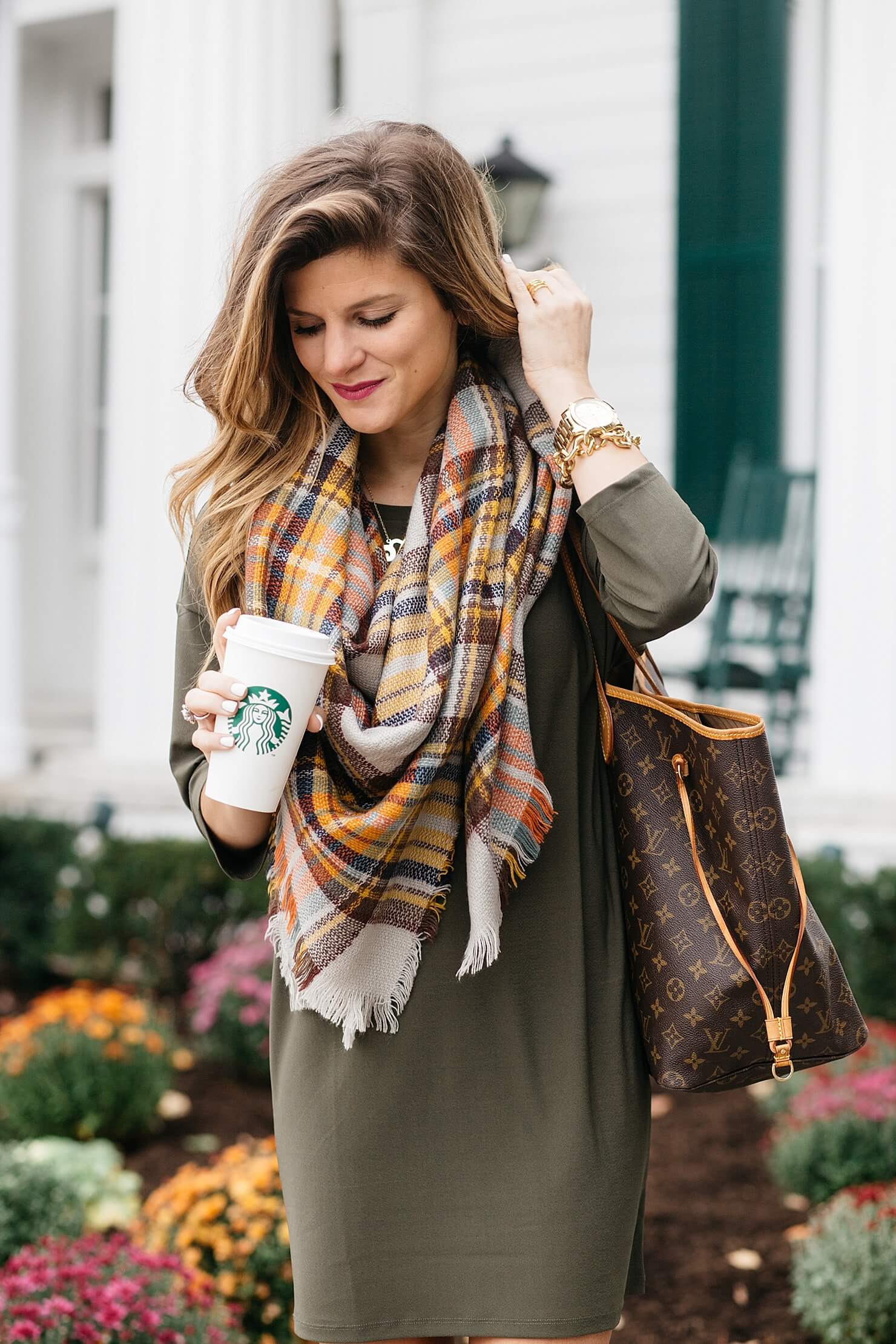 Fall dress and scarf outfit, Leith olive green 3/4 sleeved-dress, plaid blanket sarf, michael kors watch and baublebar bracelet, LV neverfull monogram tote