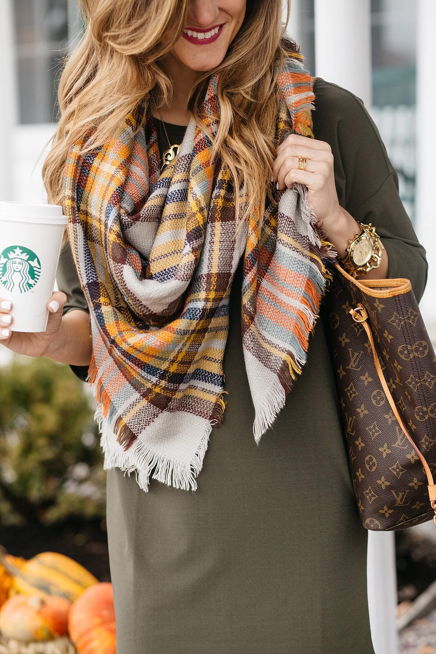 Fall dress and scarf outfit, Leith olive green 3/4 sleeved-dress, plaid blanket sarf, michael kors watch and baublebar bracelet, LV neverfull monogram tote